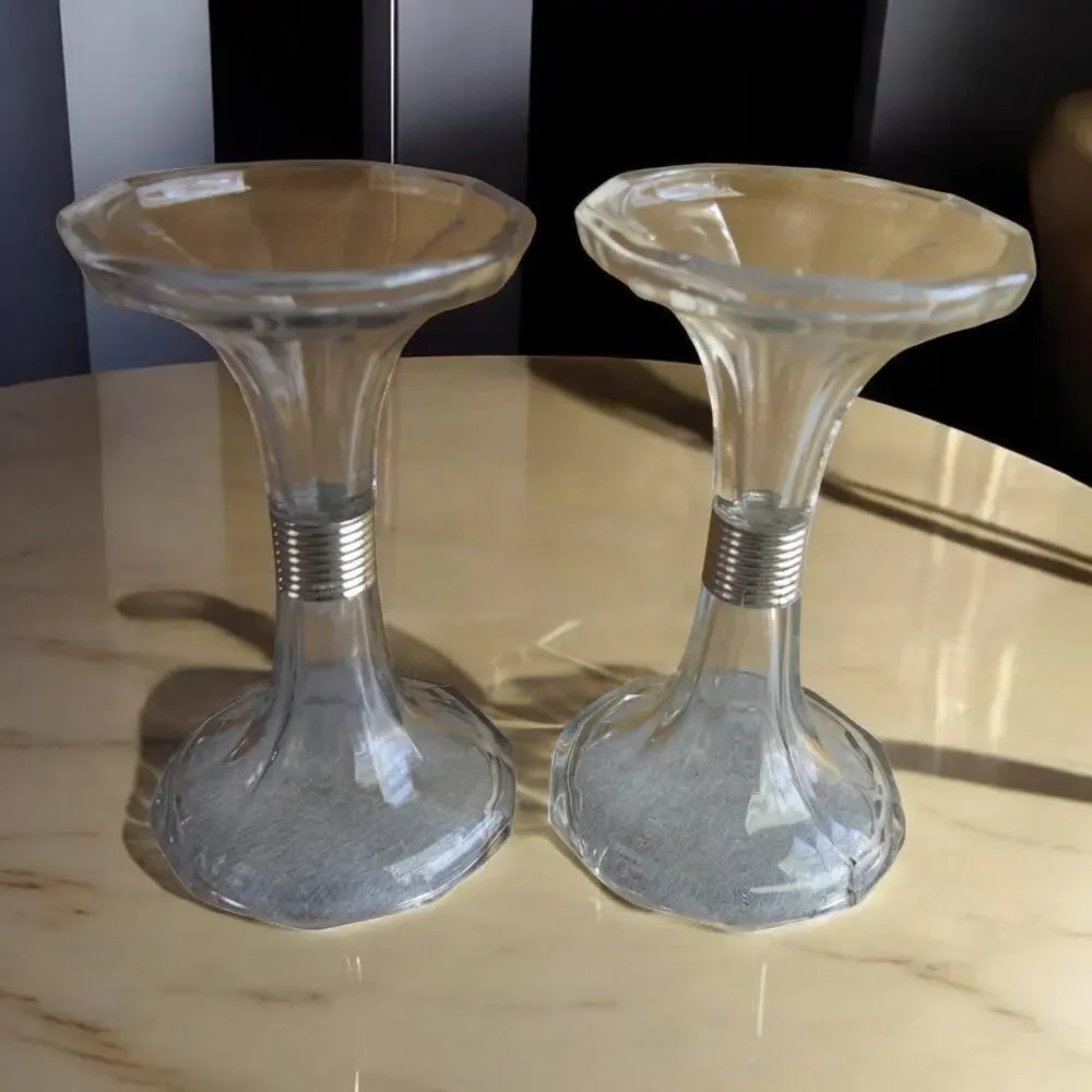 Pair Clear Glass Trumpet Candle Holders Silver Band Flared Pillar Votive